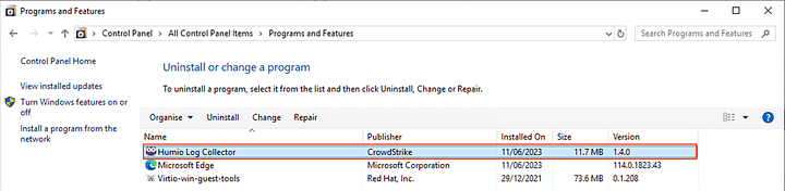 Programme und Features - Überprüfen der Installation vom Falcon Logscale Collector
